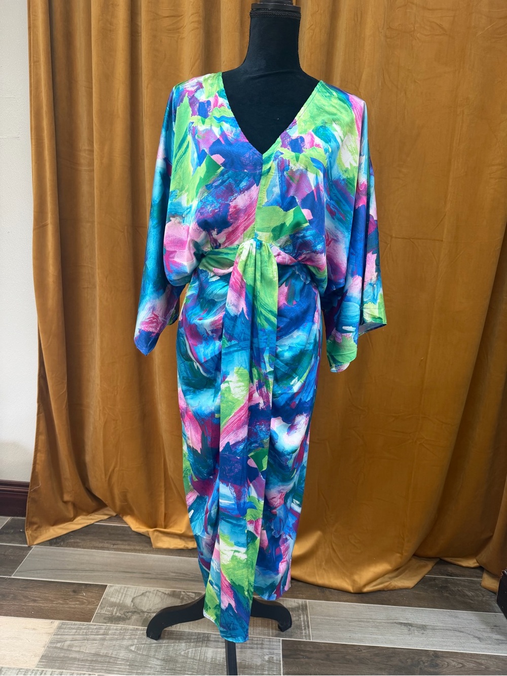 Vibrant Abstract V-Neck Maxi Dress - Blue & Green